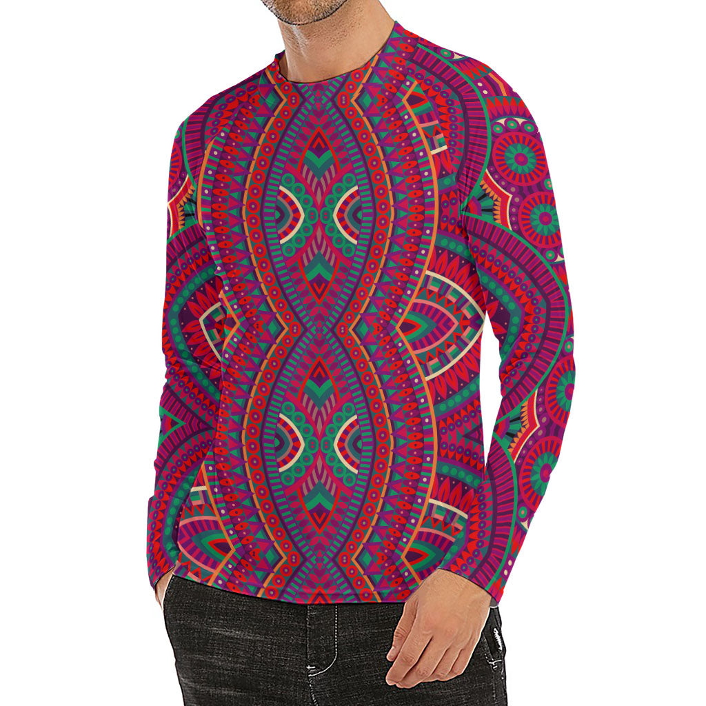 Red Tribal Ethnic Mandala Print Men's Long Sleeve Rash Guard