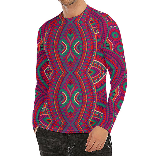 Red Tribal Ethnic Mandala Print Men's Long Sleeve Rash Guard