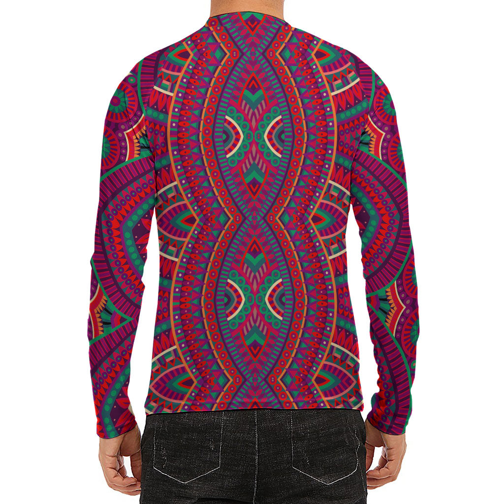 Red Tribal Ethnic Mandala Print Men's Long Sleeve Rash Guard