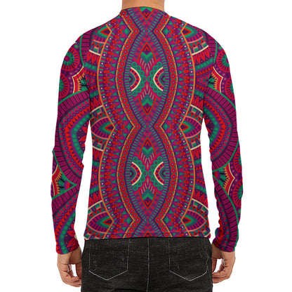 Red Tribal Ethnic Mandala Print Men's Long Sleeve Rash Guard