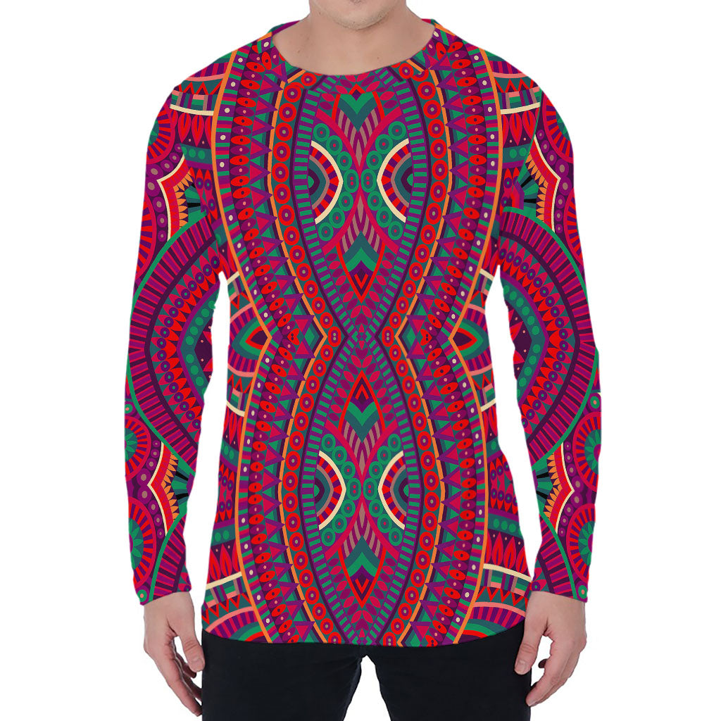 Red Tribal Ethnic Mandala Print Men's Long Sleeve T-Shirt
