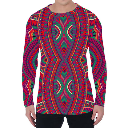 Red Tribal Ethnic Mandala Print Men's Long Sleeve T-Shirt