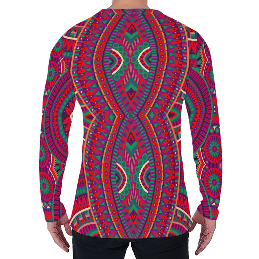 Red Tribal Ethnic Mandala Print Men's Long Sleeve T-Shirt