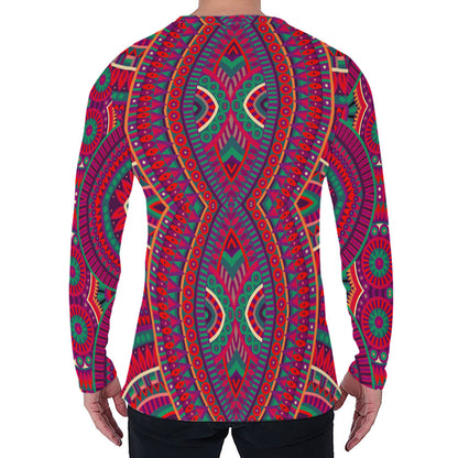 Red Tribal Ethnic Mandala Print Men's Long Sleeve T-Shirt
