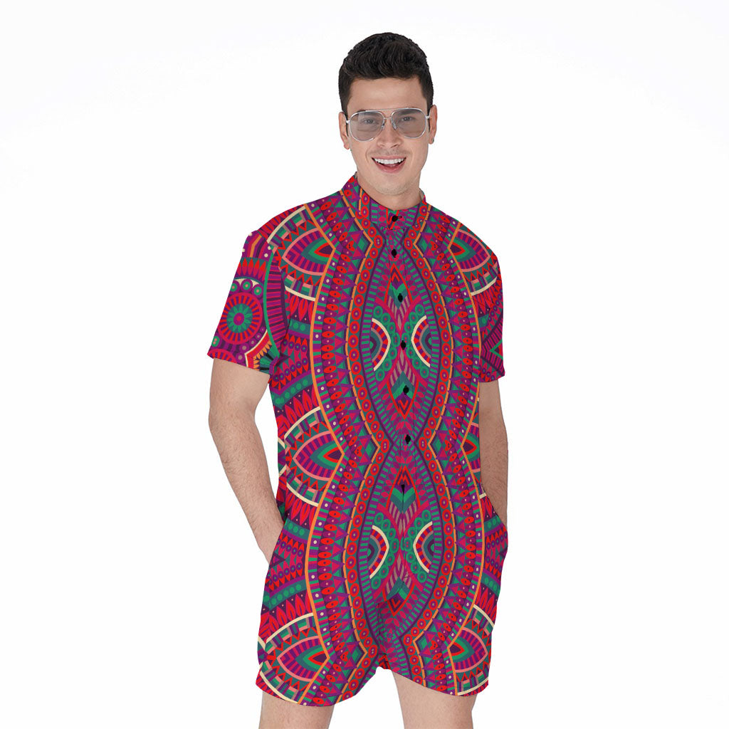 Red Tribal Ethnic Mandala Print Men's Rompers