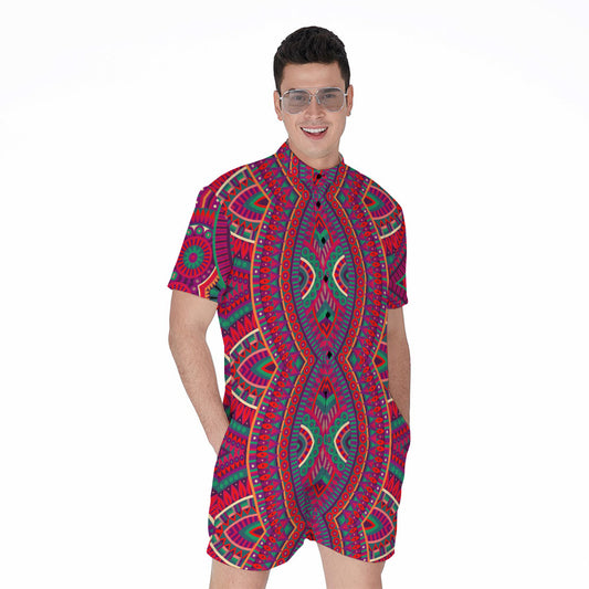 Red Tribal Ethnic Mandala Print Men's Rompers