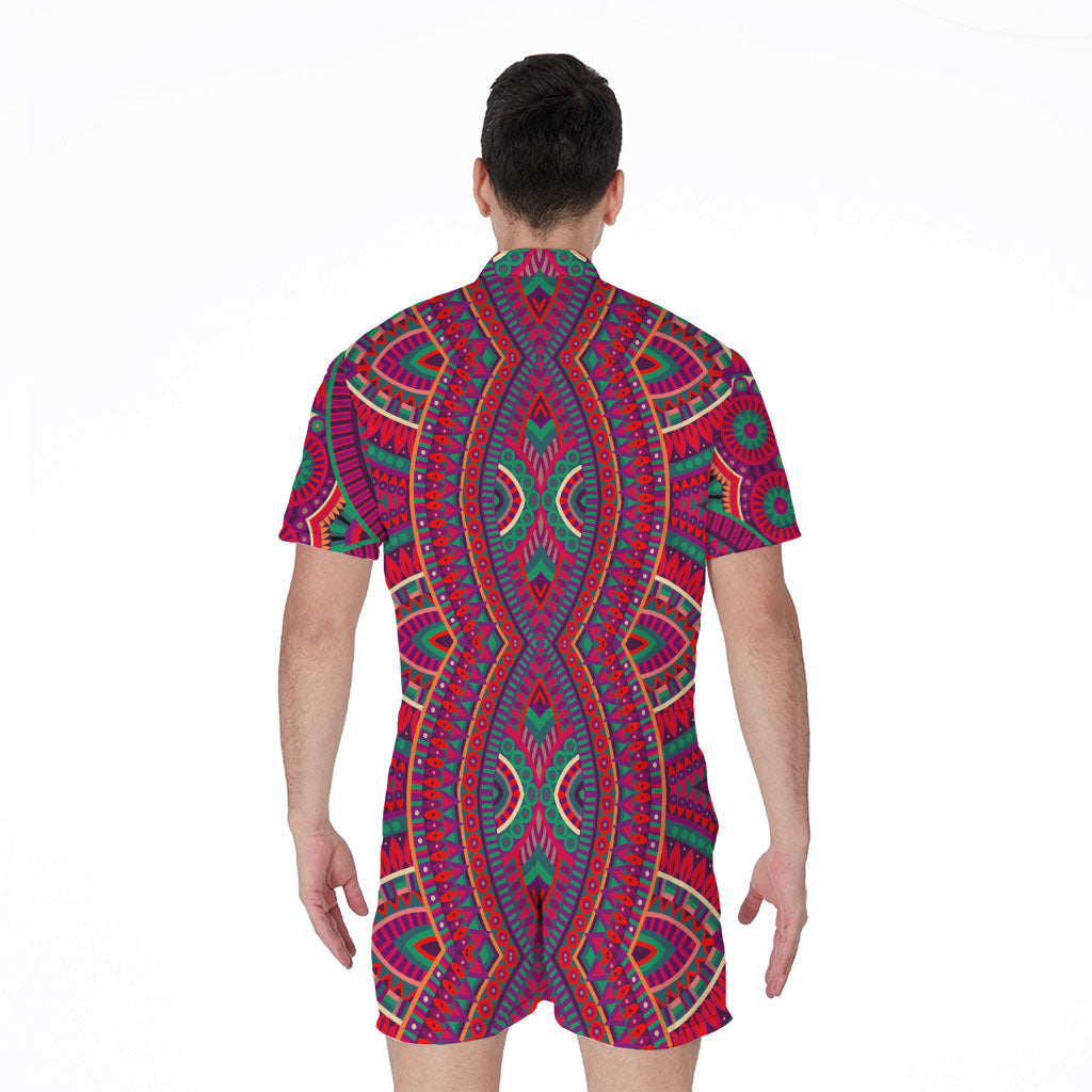 Red Tribal Ethnic Mandala Print Men's Rompers