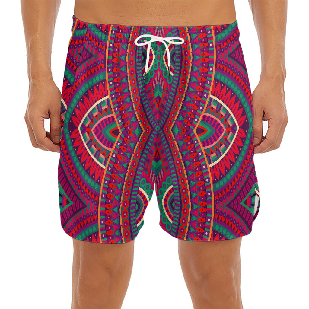 Red Tribal Ethnic Mandala Print Men's Split Running Shorts