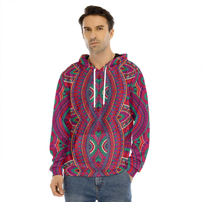 Red Tribal Ethnic Mandala Print Men's Velvet Pullover Hoodie