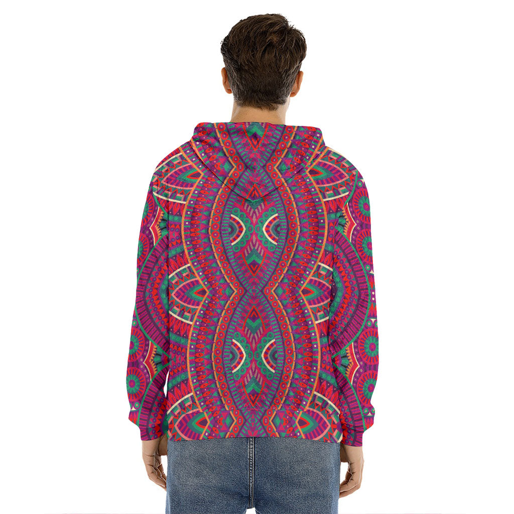 Red Tribal Ethnic Mandala Print Men's Velvet Pullover Hoodie