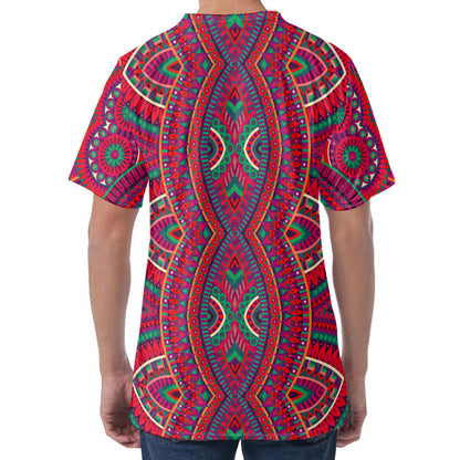Red Tribal Ethnic Mandala Print Men's Velvet T-Shirt