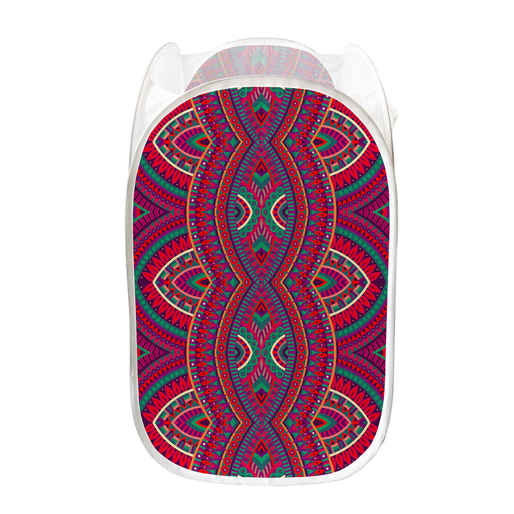 Red Tribal Ethnic Mandala Print Mesh Laundry Hamper