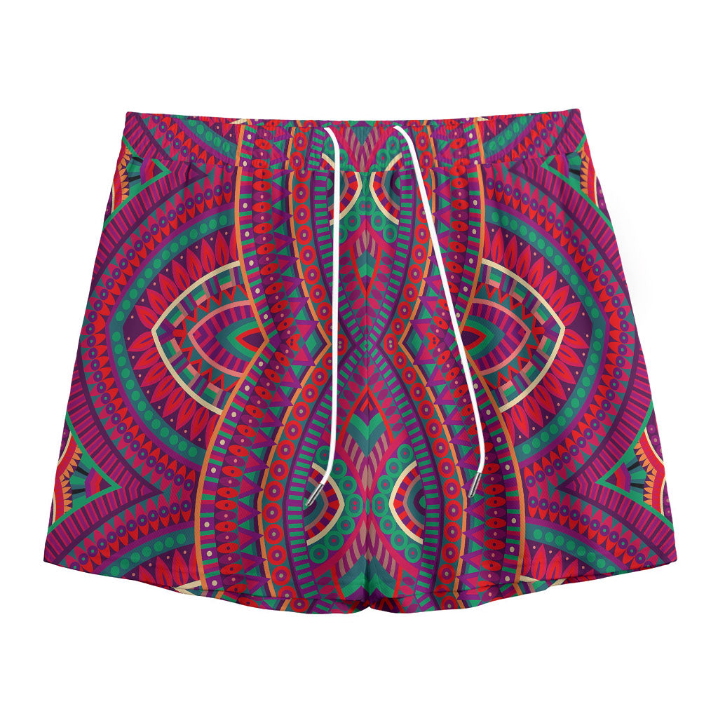 Red Tribal Ethnic Mandala Print Mesh Shorts