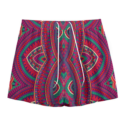 Red Tribal Ethnic Mandala Print Mesh Shorts