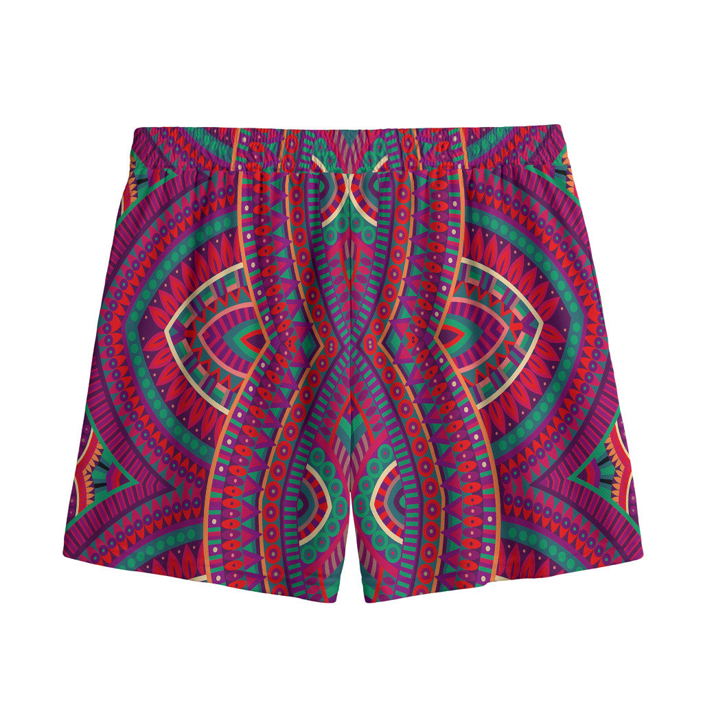 Red Tribal Ethnic Mandala Print Mesh Shorts