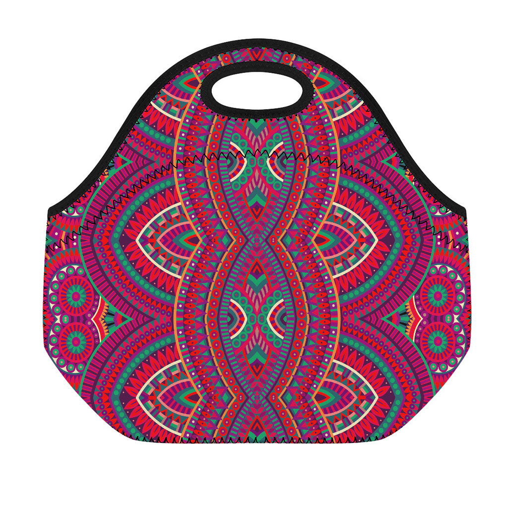 Red Tribal Ethnic Mandala Print Neoprene Lunch Bag