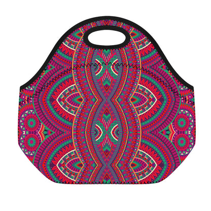 Red Tribal Ethnic Mandala Print Neoprene Lunch Bag