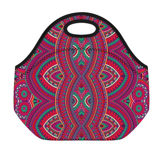 Red Tribal Ethnic Mandala Print Neoprene Lunch Bag