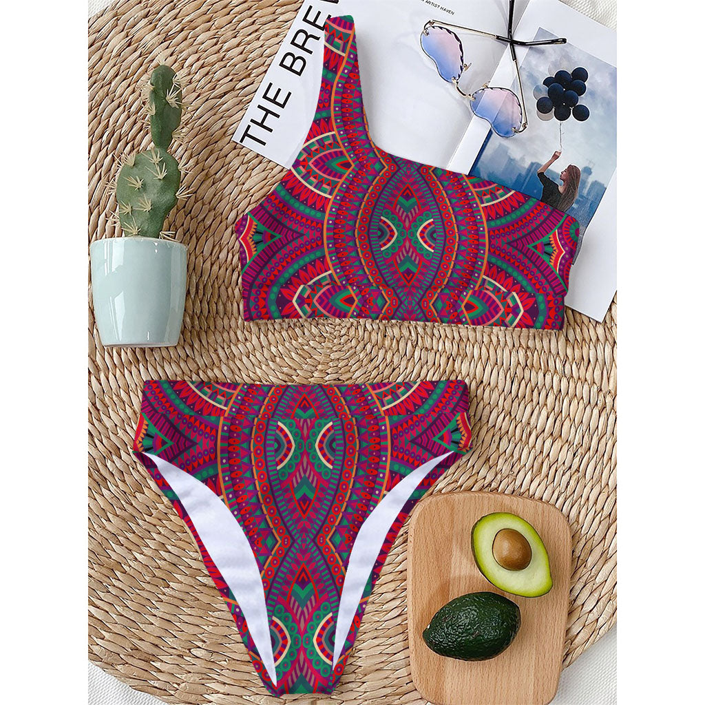 Red Tribal Ethnic Mandala Print One Shoulder Bikini Top