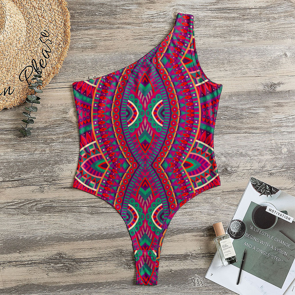 Red Tribal Ethnic Mandala Print One Shoulder Bodysuit
