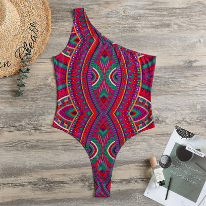 Red Tribal Ethnic Mandala Print One Shoulder Bodysuit
