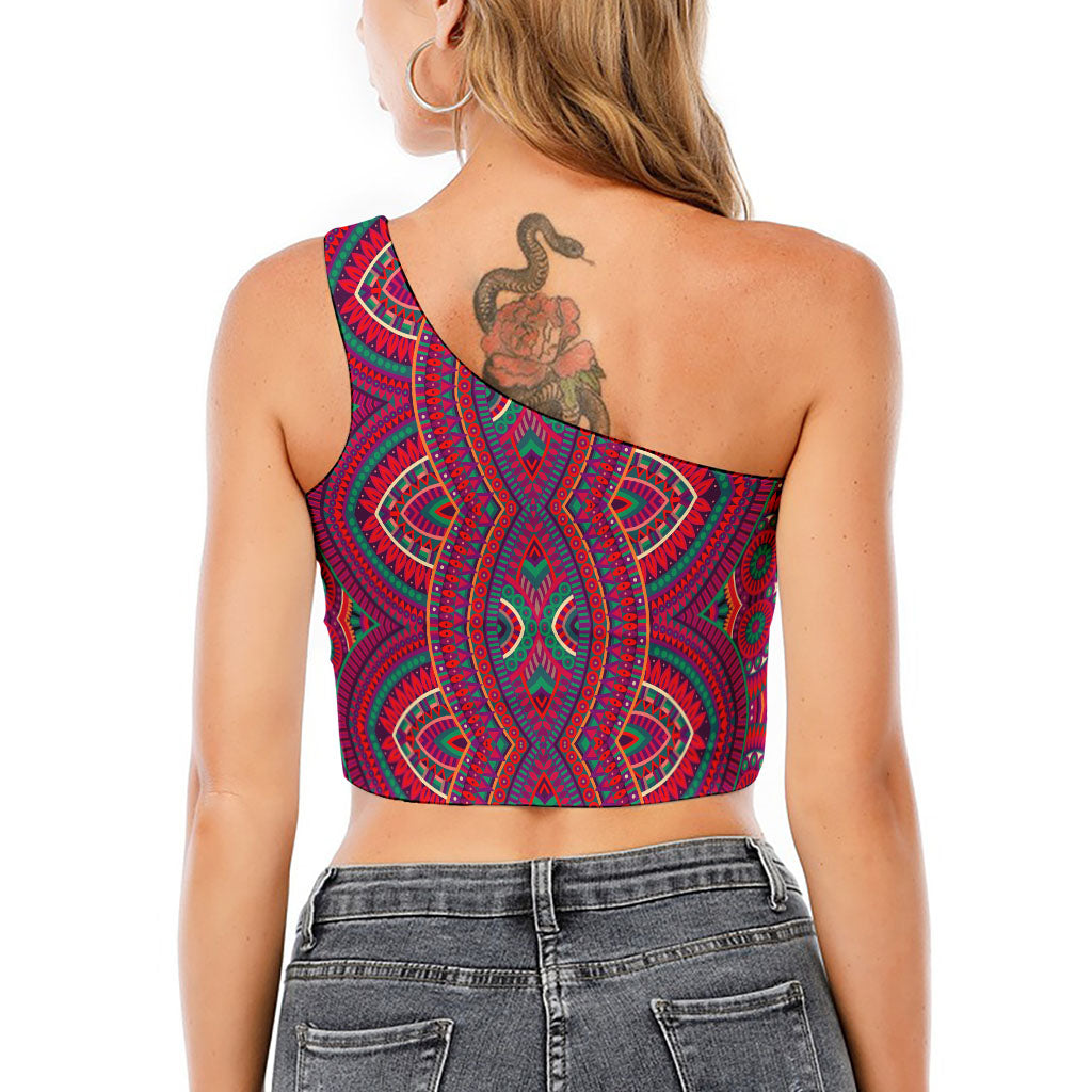 Red Tribal Ethnic Mandala Print One Shoulder Crop Top