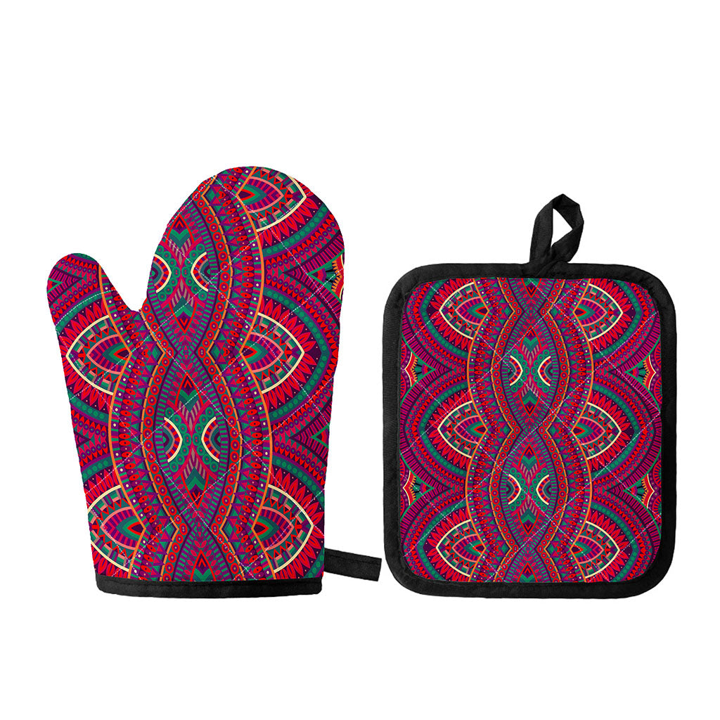 Red Tribal Ethnic Mandala Print Oven Mitt And Pot Holder Set
