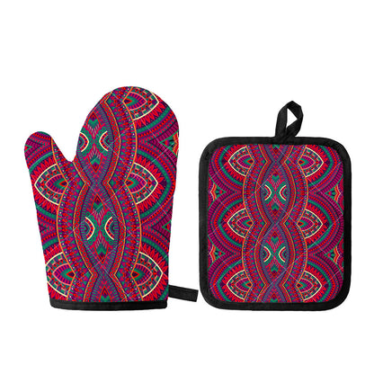 Red Tribal Ethnic Mandala Print Oven Mitt And Pot Holder Set