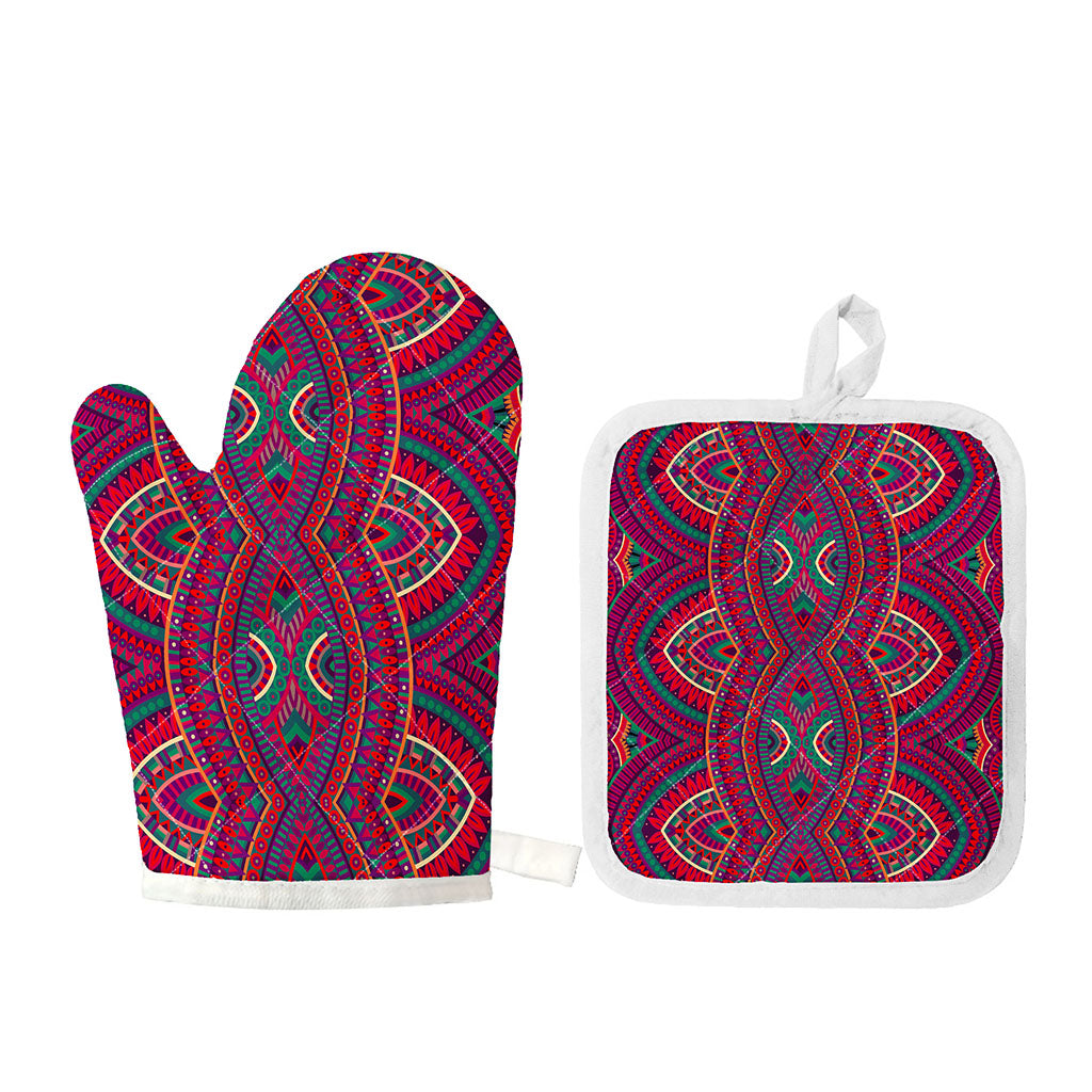 Red Tribal Ethnic Mandala Print Oven Mitt And Pot Holder Set