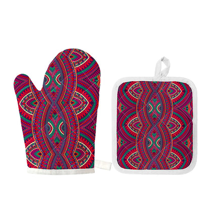 Red Tribal Ethnic Mandala Print Oven Mitt And Pot Holder Set
