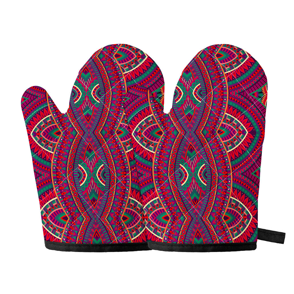 Red Tribal Ethnic Mandala Print Oven Mitts
