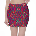 Red Tribal Ethnic Mandala Print Pencil Mini Skirt