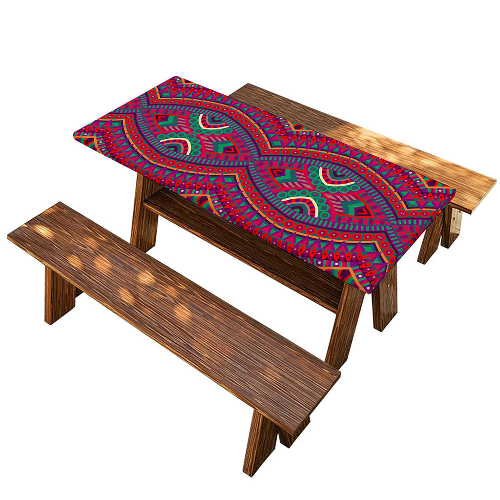 Red Tribal Ethnic Mandala Print Picnic Table Cover