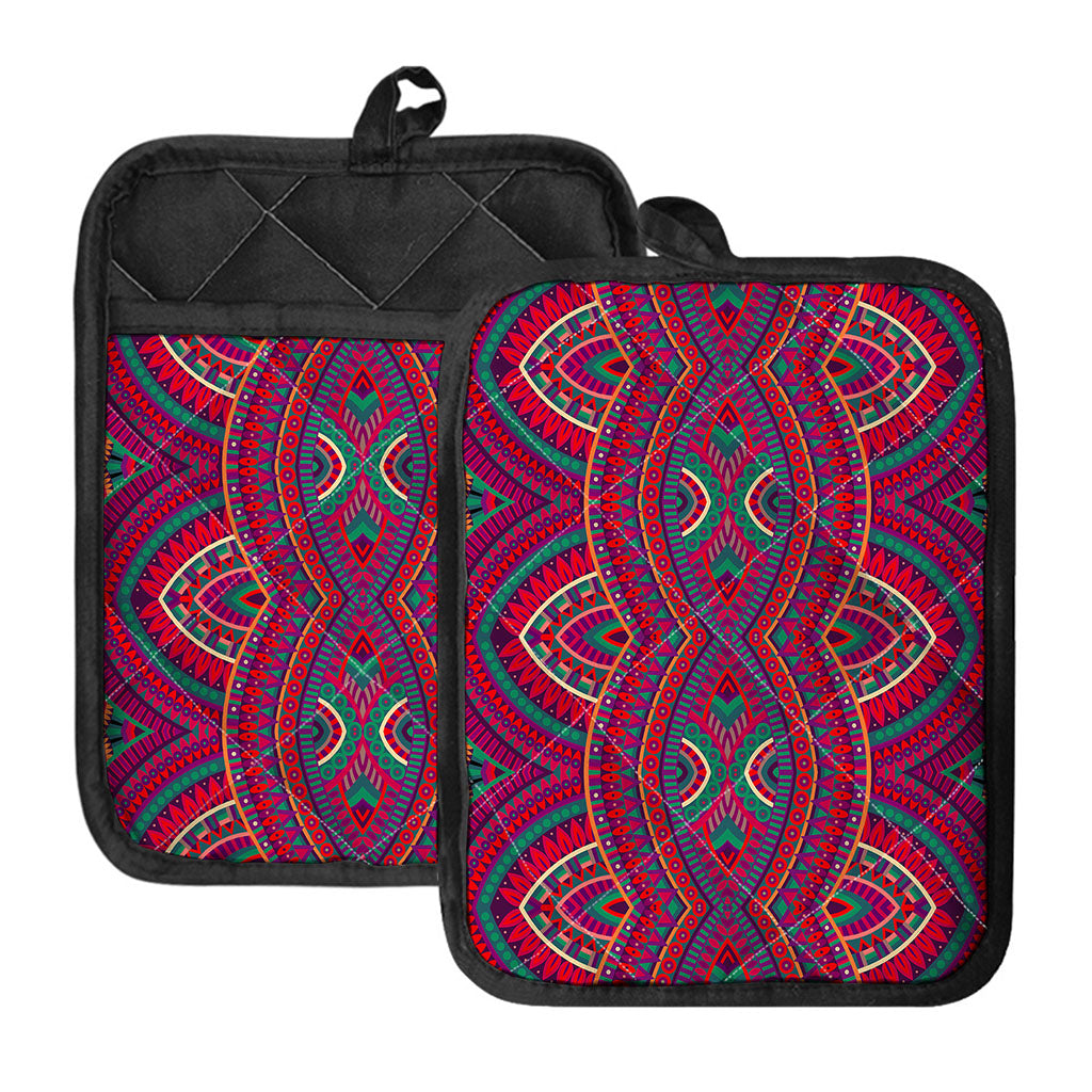 Red Tribal Ethnic Mandala Print Pot Holders With Pocket
