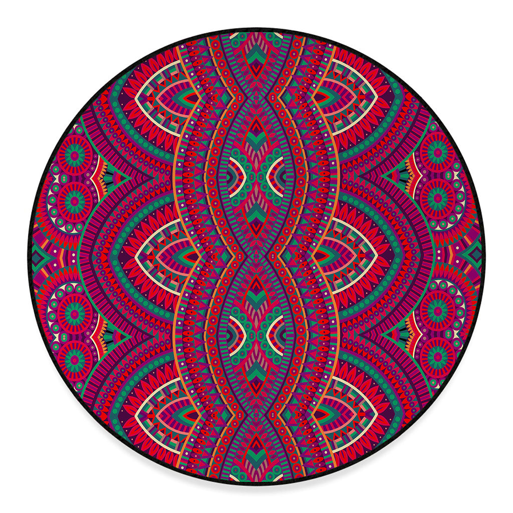 Red Tribal Ethnic Mandala Print Round Floor Mat