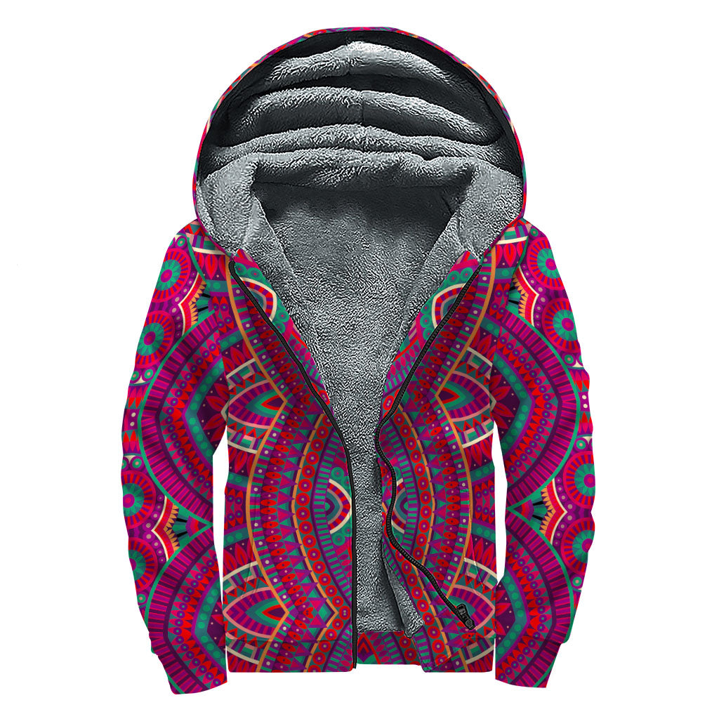 Red Tribal Ethnic Mandala Print Sherpa Lined Zip Up Hoodie