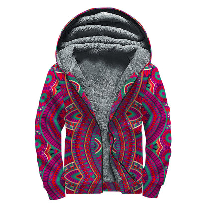 Red Tribal Ethnic Mandala Print Sherpa Lined Zip Up Hoodie