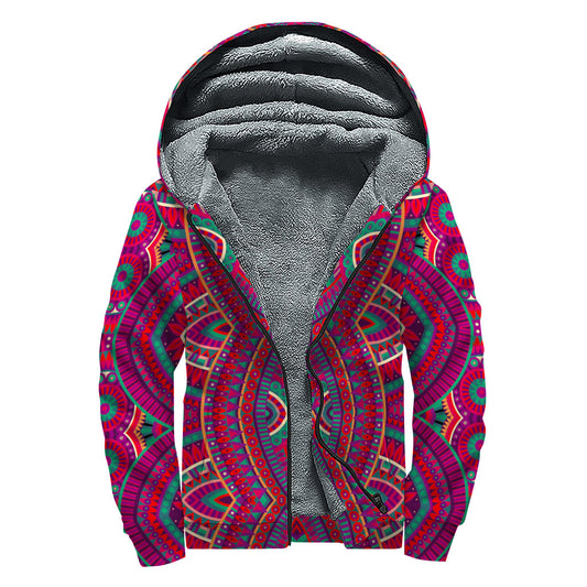 Red Tribal Ethnic Mandala Print Sherpa Lined Zip Up Hoodie