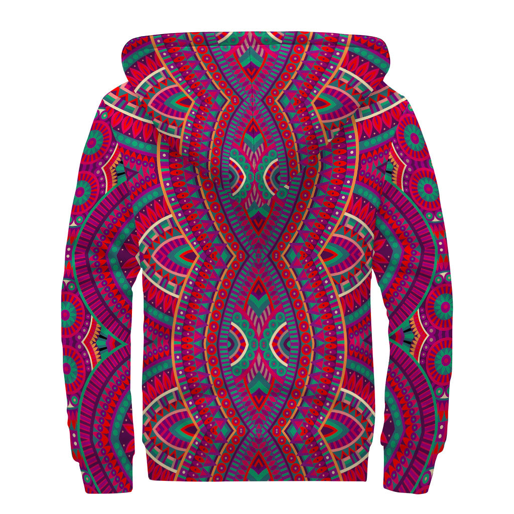 Red Tribal Ethnic Mandala Print Sherpa Lined Zip Up Hoodie