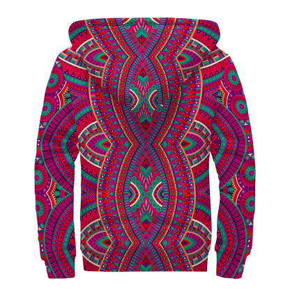 Red Tribal Ethnic Mandala Print Sherpa Lined Zip Up Hoodie