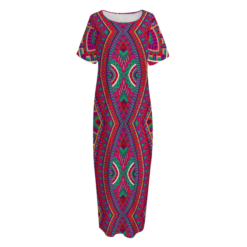 Red Tribal Ethnic Mandala Print Short Sleeve Long Nightdress