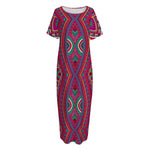 Red Tribal Ethnic Mandala Print Short Sleeve Long Nightdress