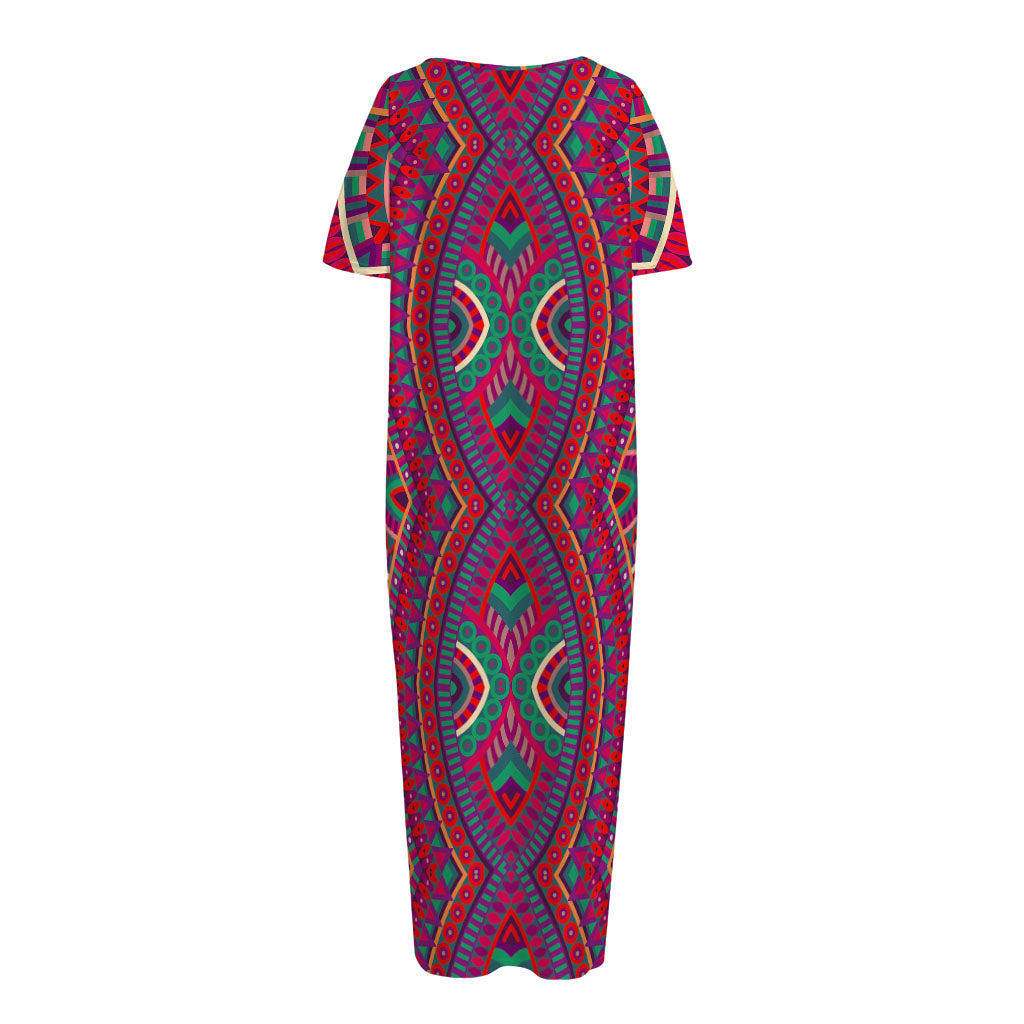 Red Tribal Ethnic Mandala Print Short Sleeve Long Nightdress