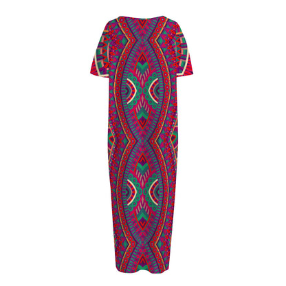 Red Tribal Ethnic Mandala Print Short Sleeve Long Nightdress