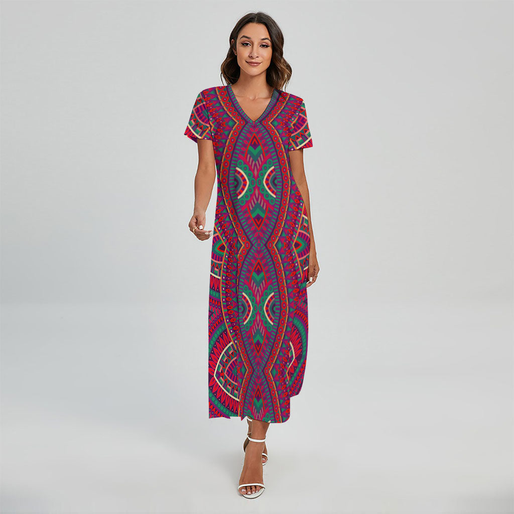 Red Tribal Ethnic Mandala Print Short Sleeve Maxi Dress