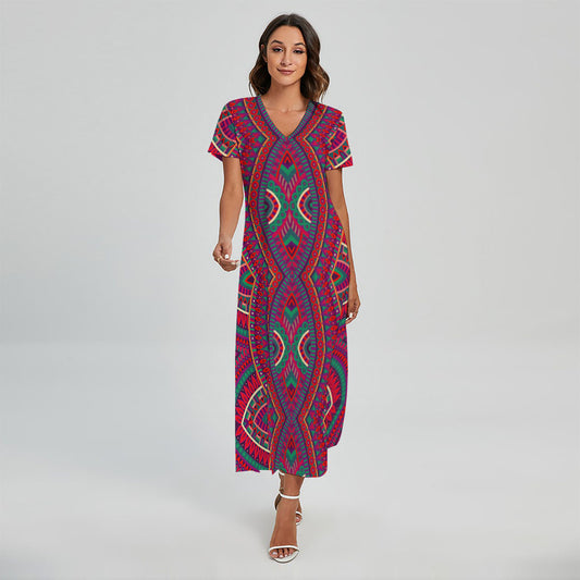 Red Tribal Ethnic Mandala Print Short Sleeve Maxi Dress
