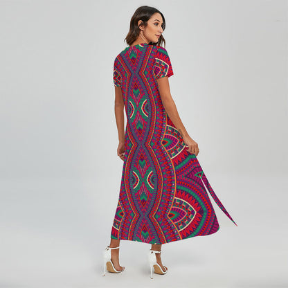 Red Tribal Ethnic Mandala Print Short Sleeve Maxi Dress