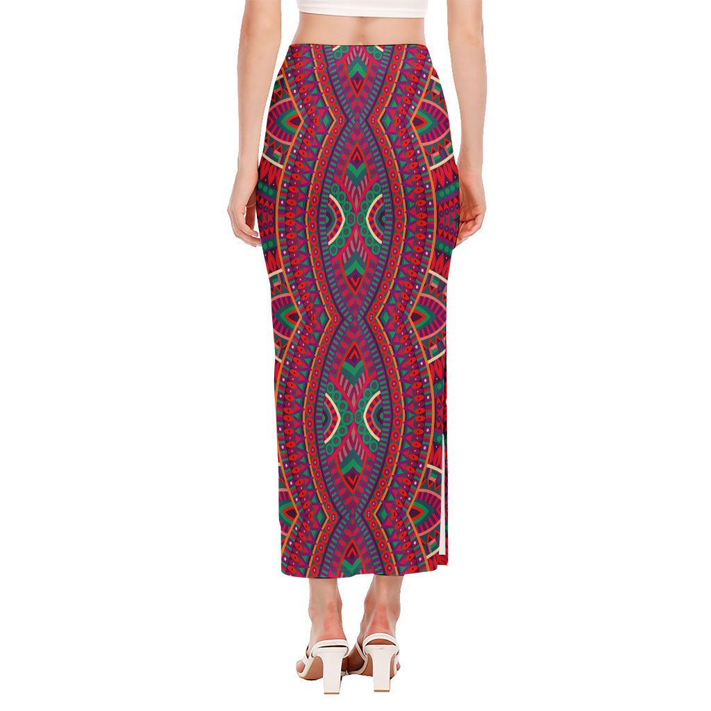 Red Tribal Ethnic Mandala Print Side Slit Maxi Skirt