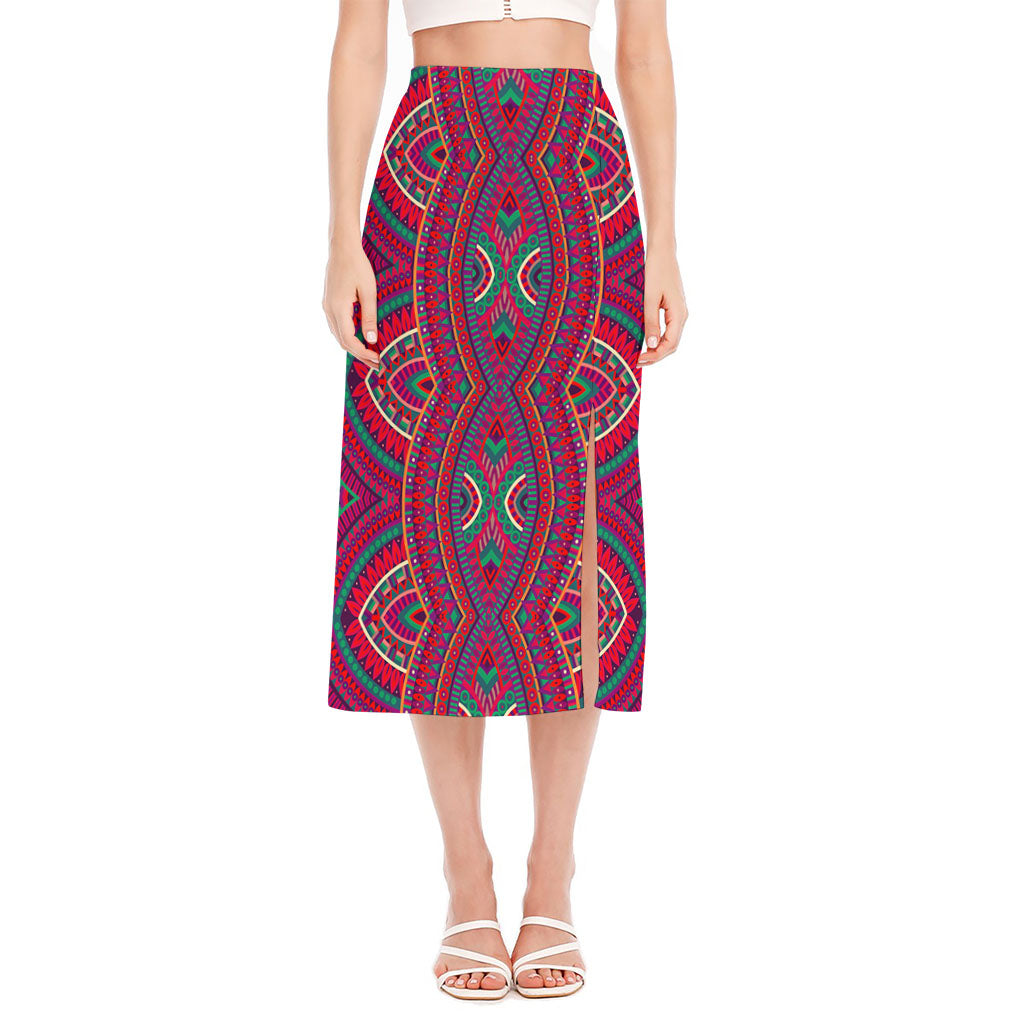 Red Tribal Ethnic Mandala Print Side Slit Midi Skirt