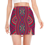 Red Tribal Ethnic Mandala Print Side Slit Mini Skirt